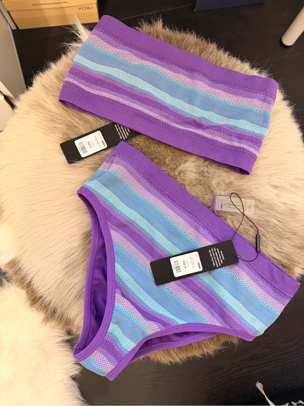 Fashion Nova Purple Striped Bandeau Bikini Set with Turquoise Accents